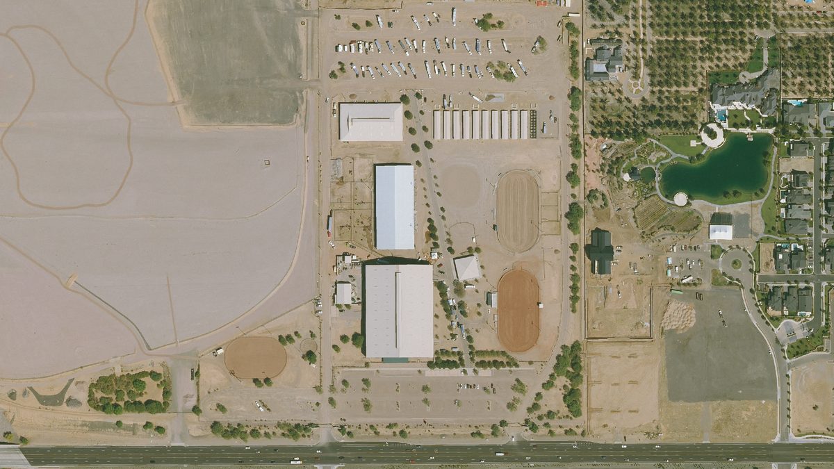 Aerial view of Horseshoe Park’s covered and outdoor arenas, trailer areas and parking north of Riggs Road